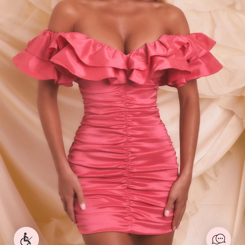 DREAMING OUT LOUD
Bardot Ruffle Mini Dress in Hot Pink